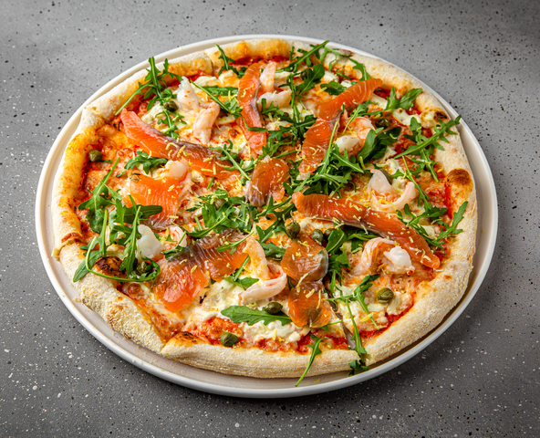 Pizza with salmon and shrimp